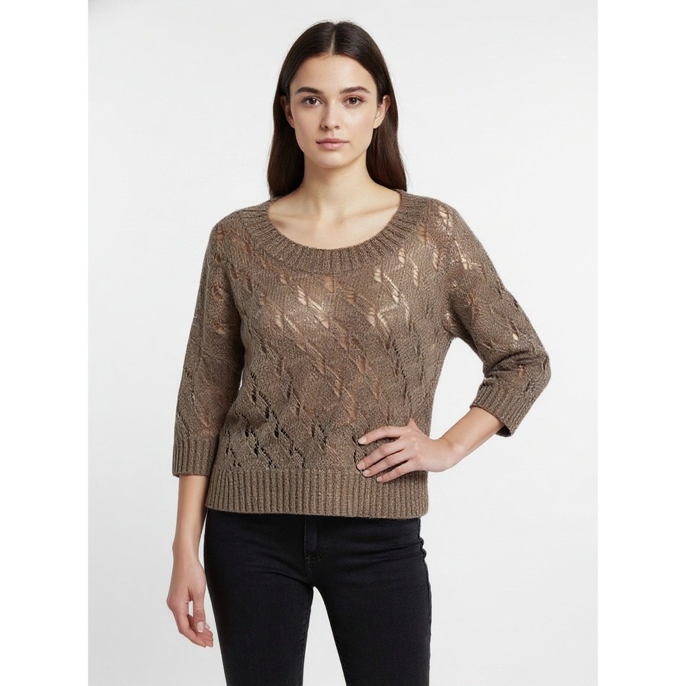 LOFT Women's Medium Tan‎ Open Knit Sweater Mohair Blend Long Sleeve Scoop Neck